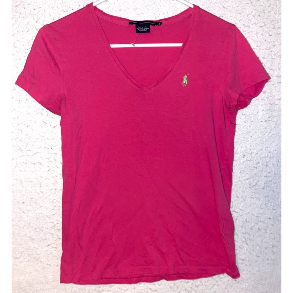 Ralph Lauren Sport T-Shirt Womens S Pink V-Neck Short Sleeve Tee Pony 100% Pima
